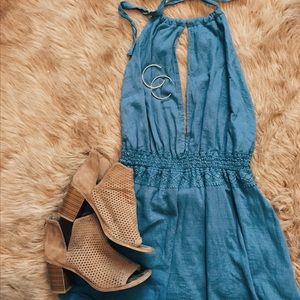 Blue Crochet Detail Halter Romper